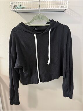 Black Cropped Hoodie with Drawstring - Women Tops